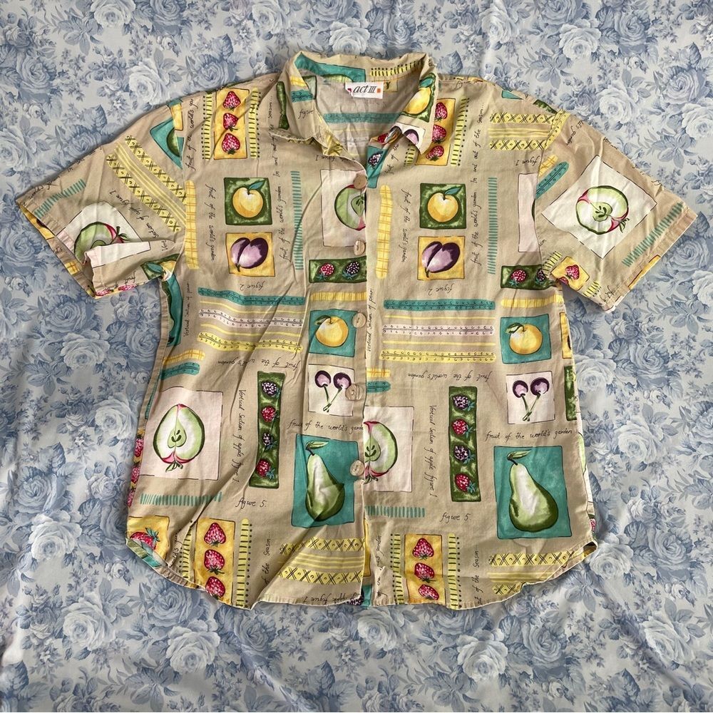 Vintage 80s Grannycore Fruit Shirt All Over Print Hipster Artsy Kitschy Indie